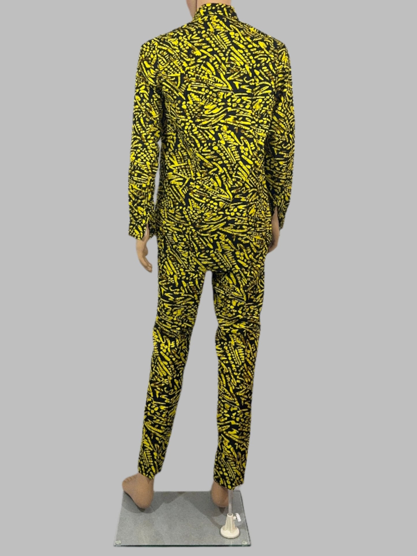 Vibrant Yellow and Black Patterned Long-sleeve Shirt for Men