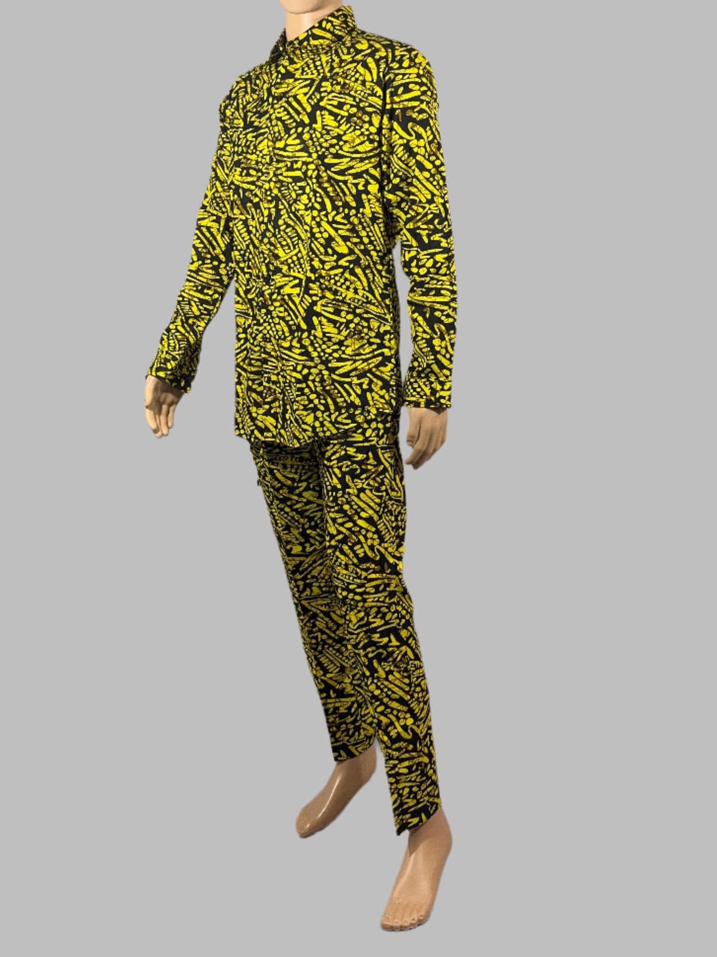 Vibrant Yellow and Black Patterned Long-sleeve Shirt for Men