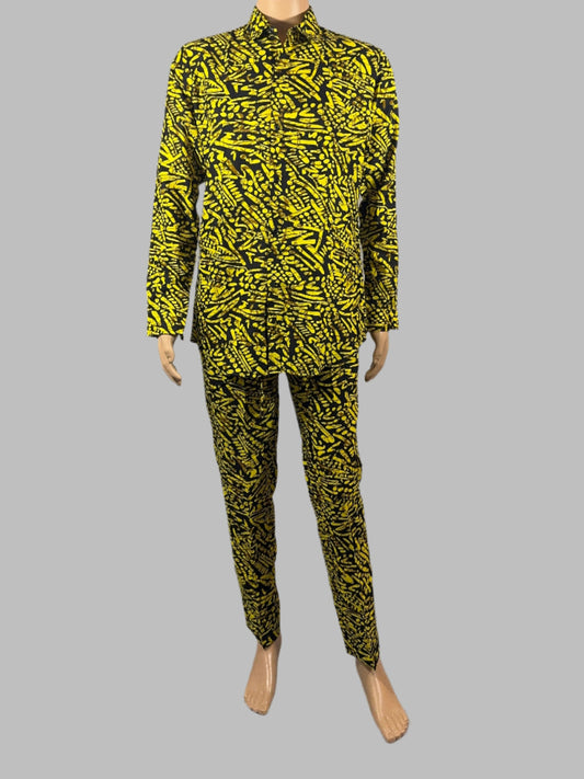 Vibrant Yellow and Black Patterned Long-sleeve Shirt for Men