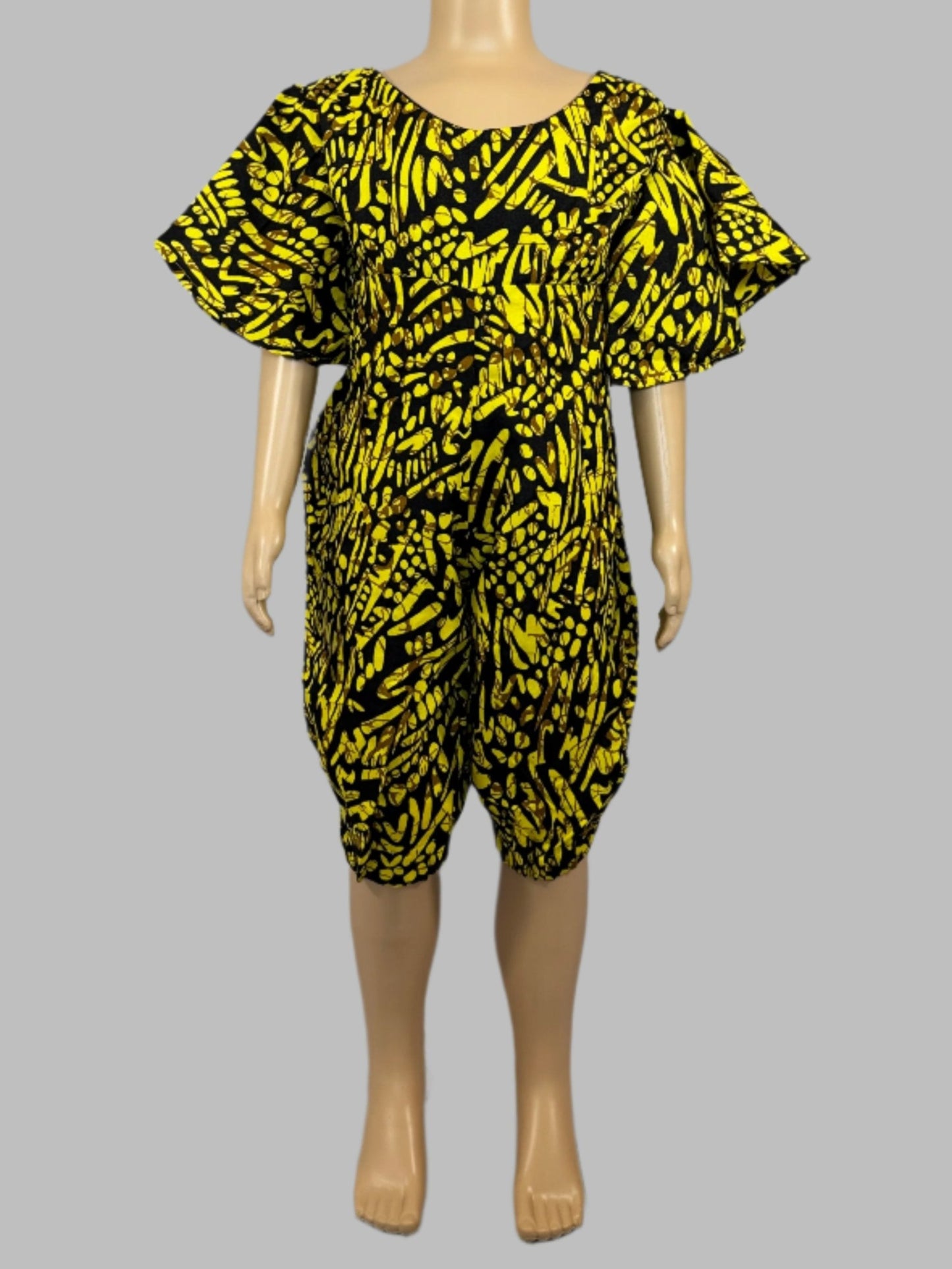 Vibrant Yellow and Black Patterned Girl Jumpsuit