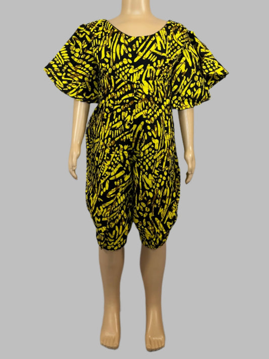 Vibrant Yellow and Black Patterned Girl Jumpsuit