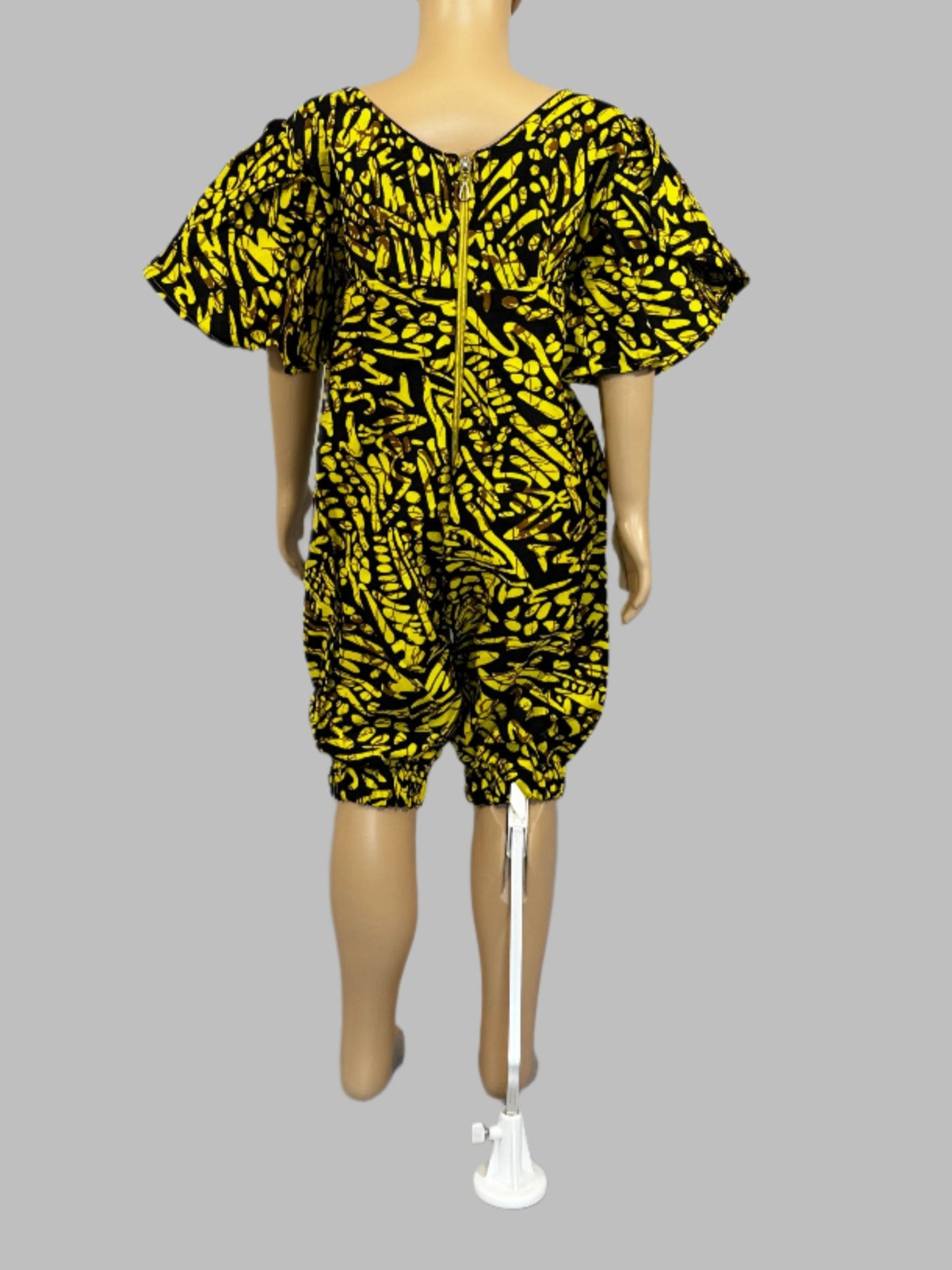 Vibrant Yellow and Black Patterned Girl Jumpsuit