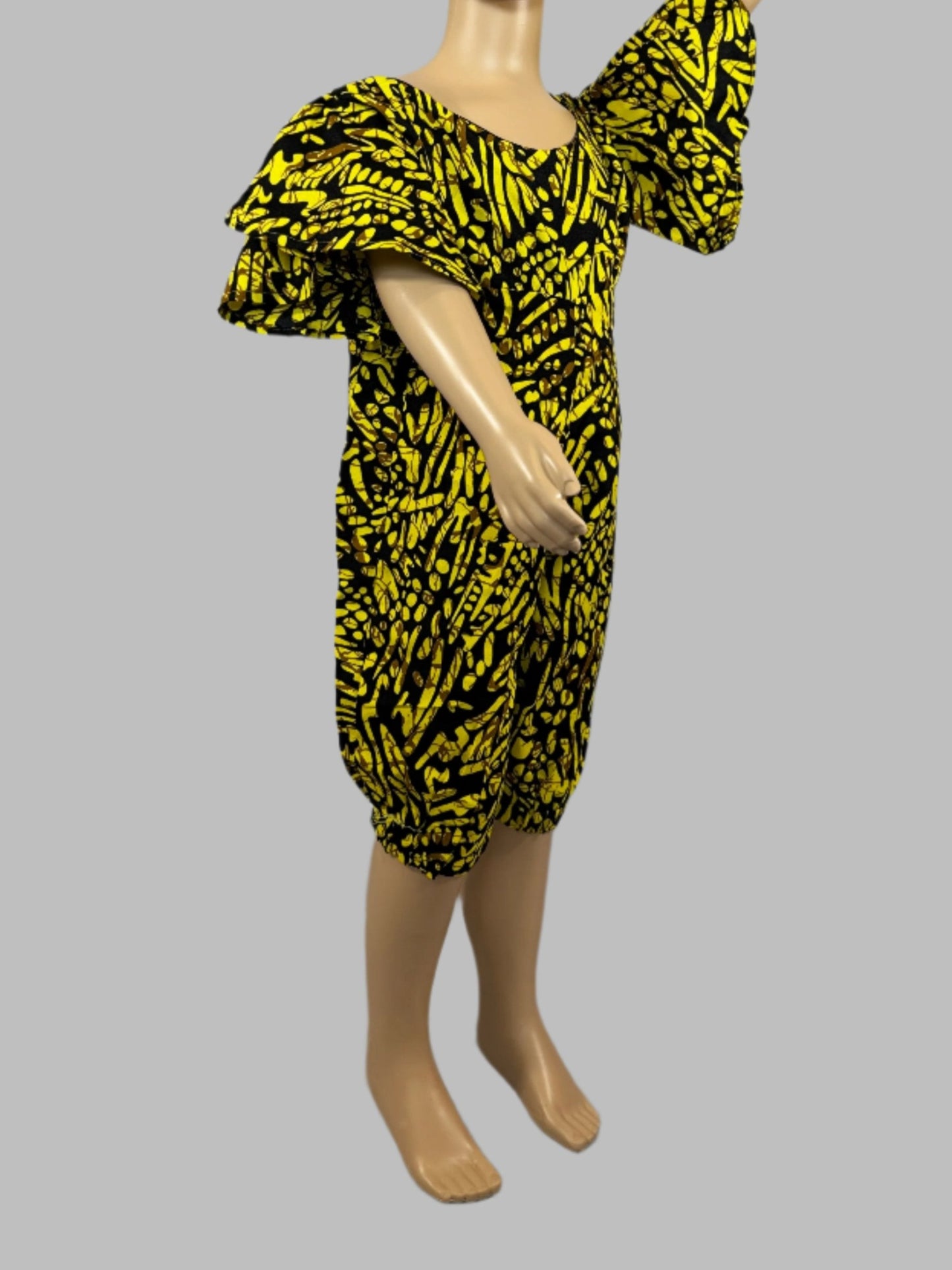 Vibrant Yellow and Black Patterned Girl Jumpsuit