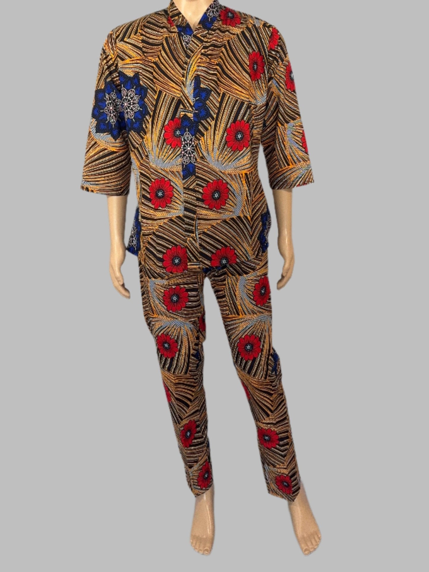 Golden Bloom Kimono Shirt for Men - Red Floral Design