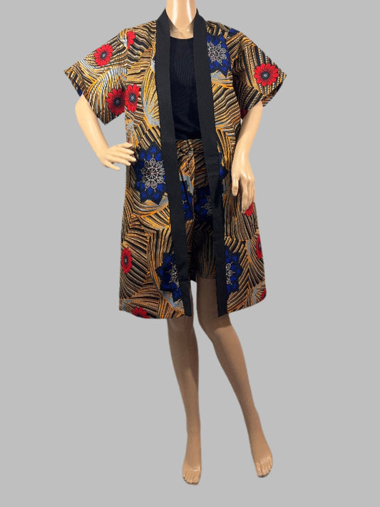 Golden Bloom Kimono Jacket and Short for Ladies - Red Floral Design