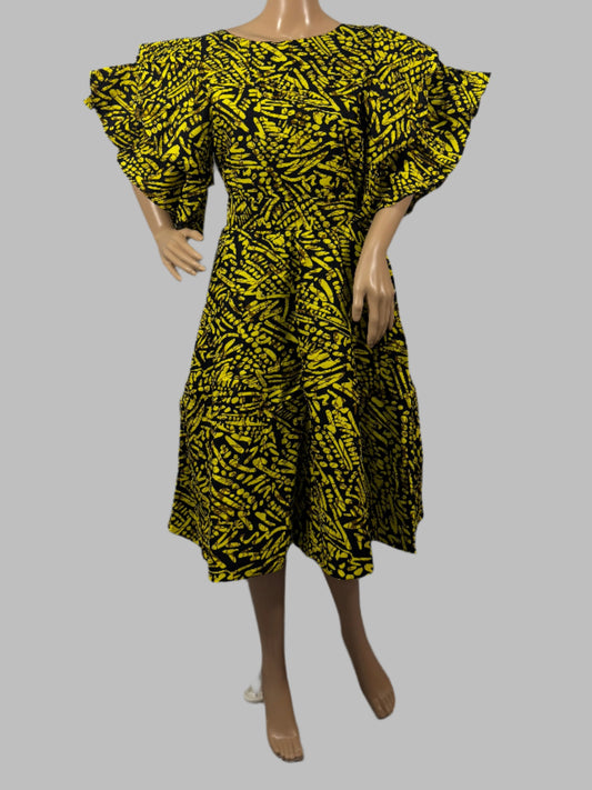 Vibrant Yellow and Black Patterned Flutter Sleeve Midi Dress for Ladies