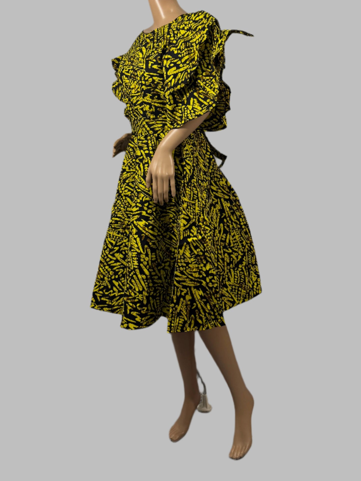 Vibrant Yellow and Black Patterned Flutter Sleeve Midi Dress for Ladies