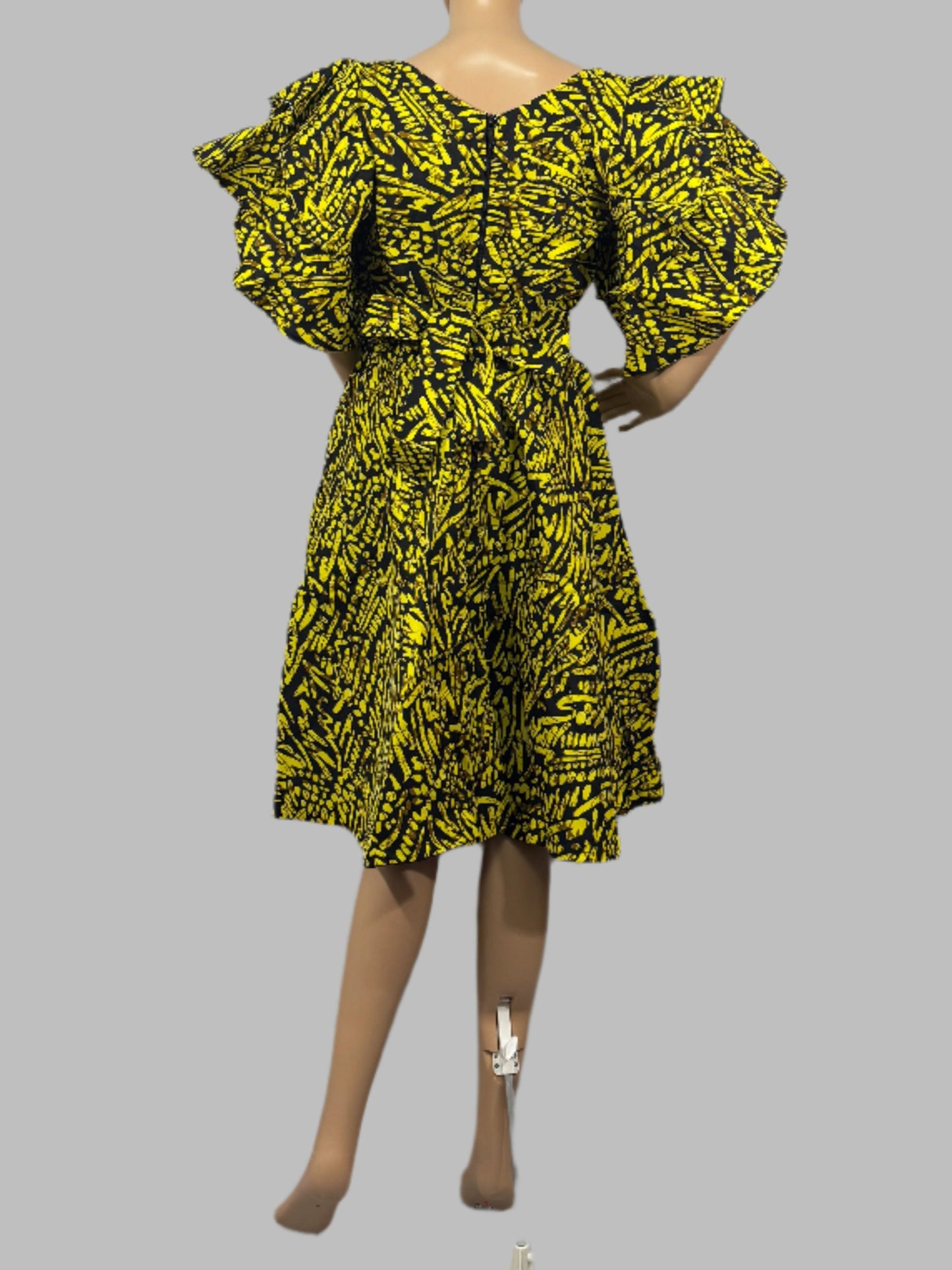 Vibrant Yellow and Black Patterned Flutter Sleeve Midi Dress for Ladies